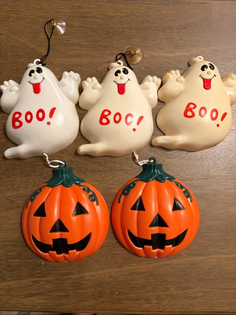 Halloween Vintage Plastic Decorations White Ghosts & Orange Pumpkins Set